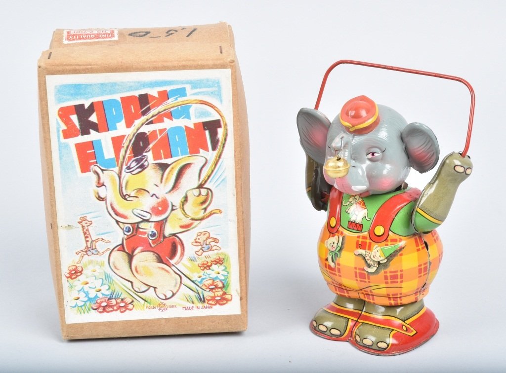 JAPAN Windup SKIPPING ELEPHANT w/ BOX: All original tin windup Elephant. Great colors. Windup works. With Box. 6" Near Mint
