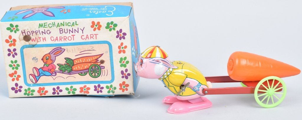 JAPAN Windup HOPPING BUNNY WITH CARROT CART w/BOX (1 of 5)