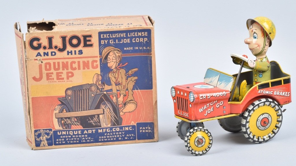 UNIQUE ART Tin Windup GI JOE JOUNCING JEEP w/BOX (1 of 6)