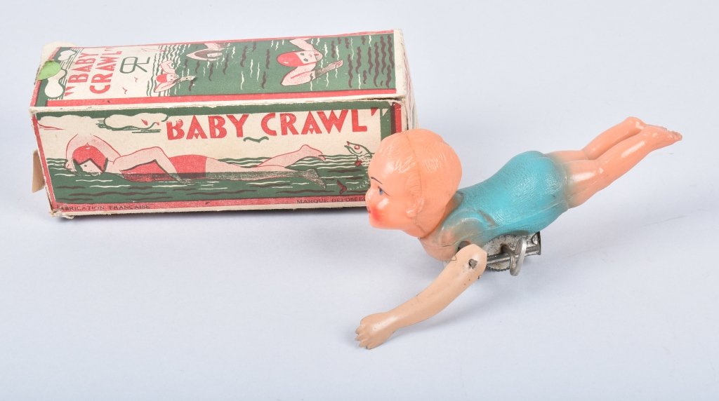 JAPAN Celluloid Windup BABY CRAWL SWIMMER w/BOX: All original and working. With Box. 5" Excellent