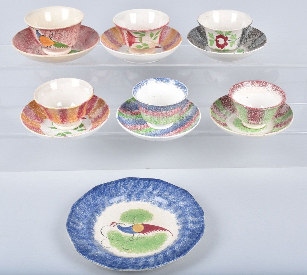 LOT F 6 GAUDY DUTCH CUPS & SAUCERS, 1840-1860 (1 of 4)