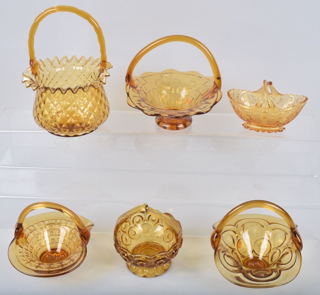 LOT OF 6 AMBER GLASS  BASKETS (1 of 4)