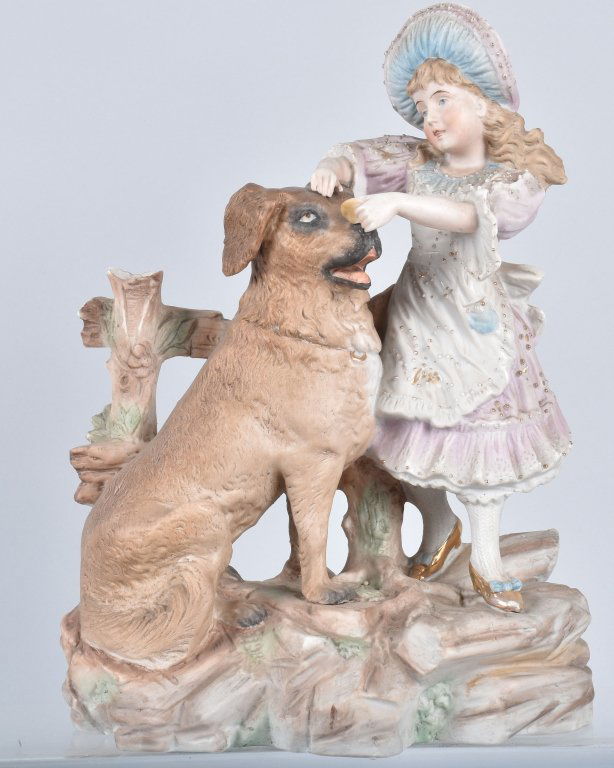 LARGE GERMAN BISQUE GIRL with DOG FIGURE, VINTAGE (1 of 5)