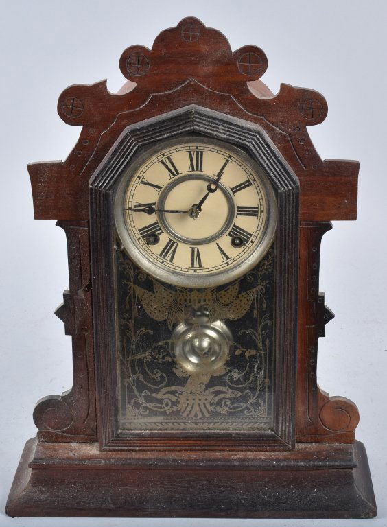 ANTIQUE WALNUT KITCHEN CLOCK, PATRIOTIC MOTIFF (1 of 5)