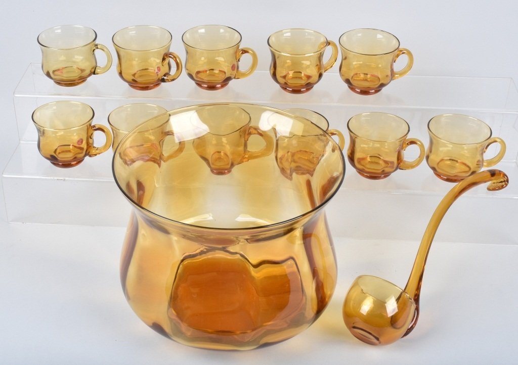 AMBER FOOTED PUNCH BOWL, LADLE & 12 CUPS (1 of 4)