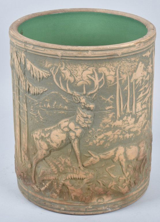 RED WING ELK CROCK: Measures 15" with a 12" diameter, very nice graphics, has overall wear and hairline. Good-Very Good
