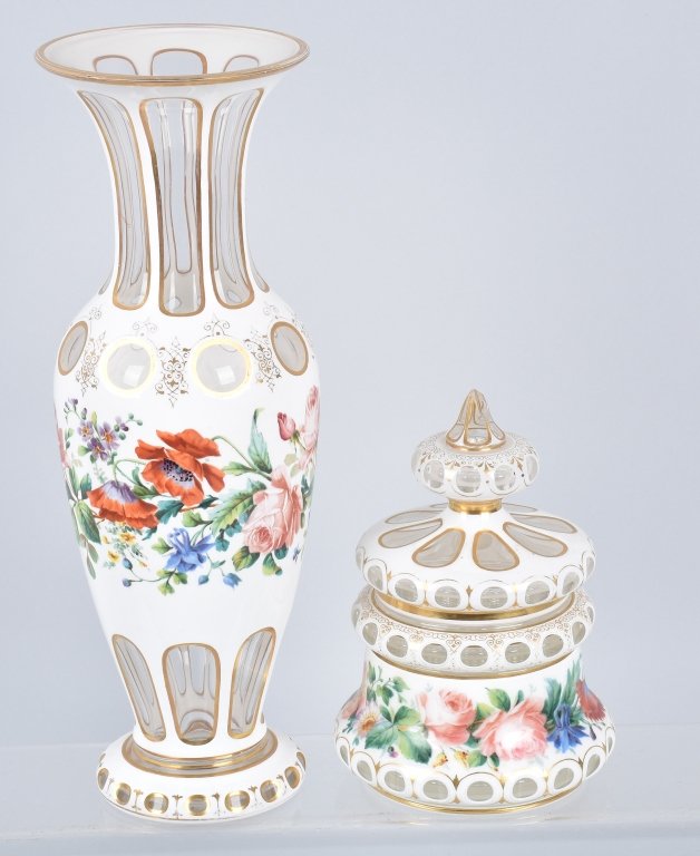 ORNATE VASE AND VANITY BOX: Vase is 12' high, both pieces have floral designs, and windows, with gold accents. Very Good-Excellent