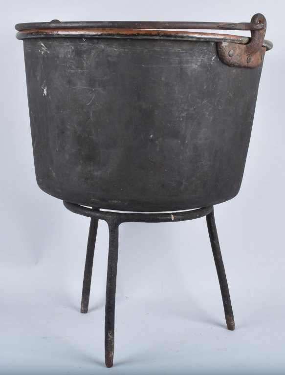 ANTIQUE 28" COPPER APPLE BUTTER KETTLE & STAND