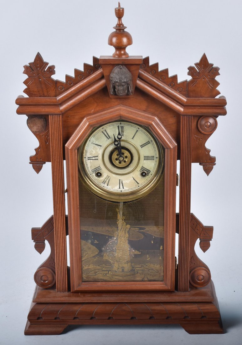 ANTIQUE WALNUT KITCHEN CLOCK, ELLIS ISLAND (1 of 5)