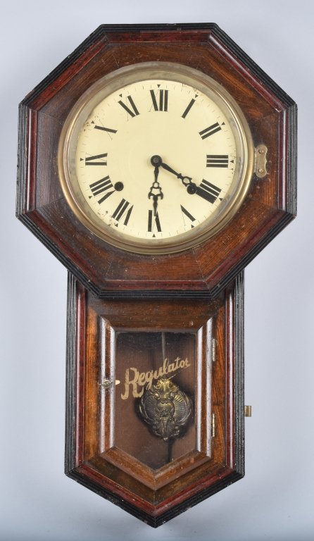 REGULATOR VINTAGE WALL CLOCK: Measures 22" by 12 1/2", nice case and face, some loss to gold regulator on glass. Very Good