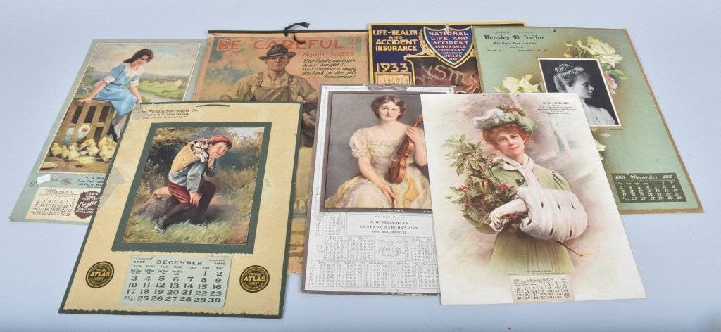 LOT OF 7 CALENDARS 1905-1933: Nice grouping of varied calendars, largest is 18" by 11". Good-Very Good