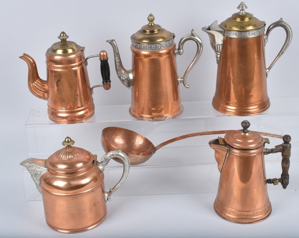 Lot of COPPER COFFEE POTS & MORE: Nice collection of copper coffee pots and label. Most are marked. Very nice quality. Largest measures 10" Excellent