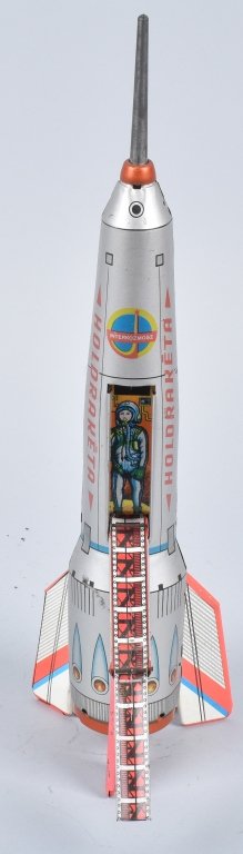 VINTAGE TIn Friction ROCKET: All original tin rocket marked Holdraketa. Works. 15" Excellent