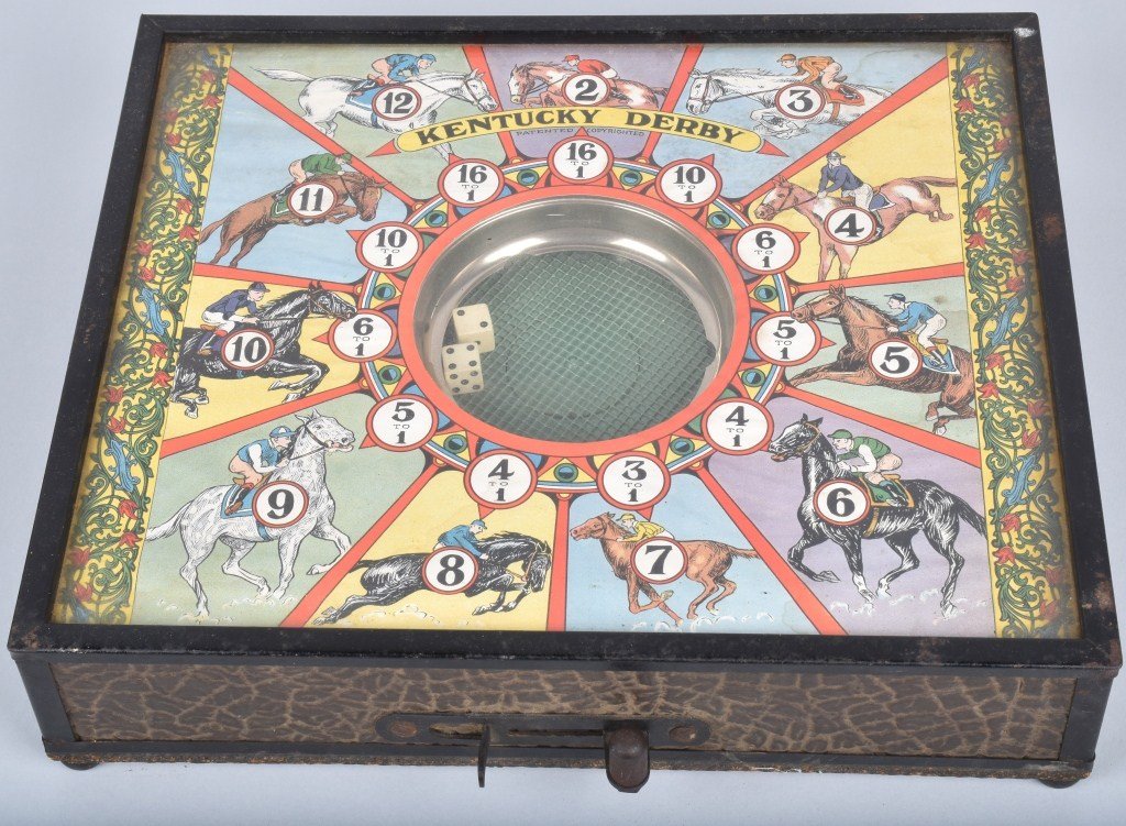 1934 Stone Bros. KENTUCKY DERBY TRADE SIMULATOR: Excellent 1934 Stone Brothers "Kentucy Derby" Countertop Trade Simluator with Dice. Great colors and graphics. Works. 12"x10" Excellent