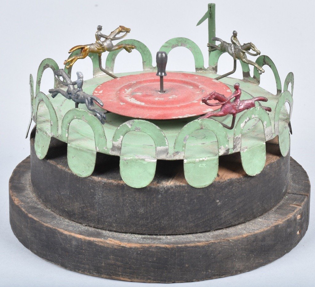 Early METAL & WOOD HORSE RACE WHEEL: Early spinning Horse Race Wheel made of metal and wood. 7" Excellent