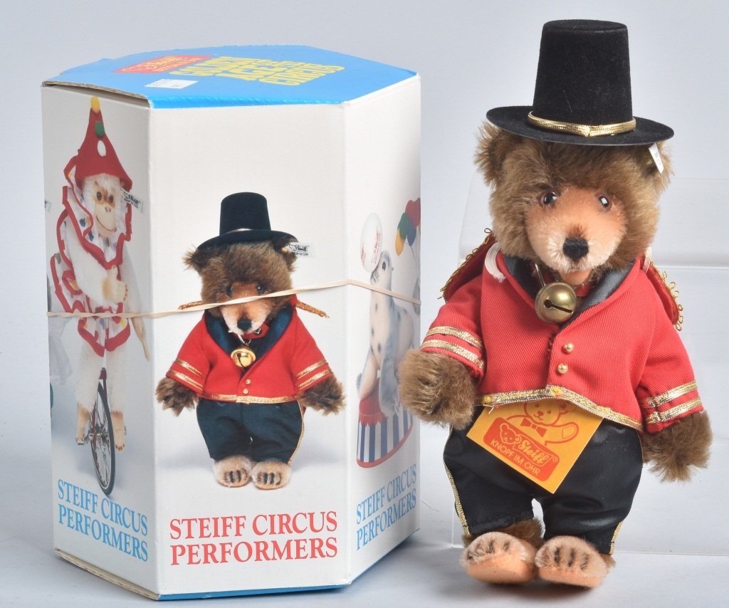 STEIFF GOLDEN AGE CIRCUS RINGMASTER TEDDY BABY: Steiff Ringmaster Teddy Baby, L.E.D. of 5000 #348, 0175/19, made in 1989, 7". Excellent to near mint in box