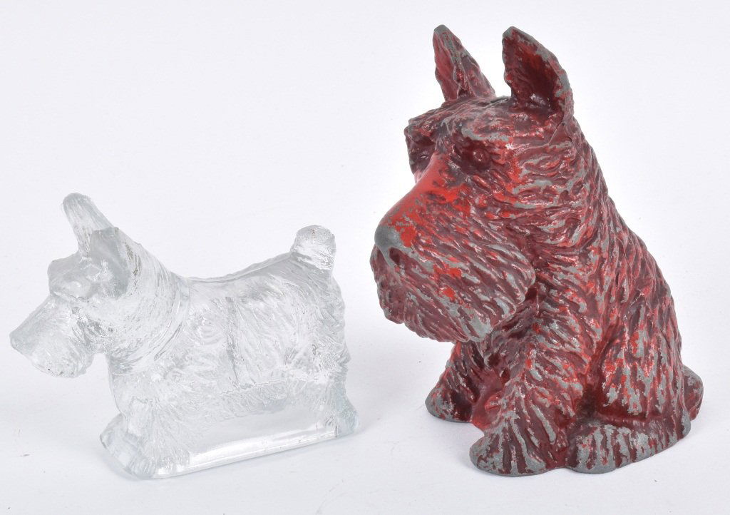 Early SCOTTY DIECAST BANK & GLASS CANDY CONTAINER: Nice lot includes early diecast Scotty Still Bank and Glass Candy Containers. Largest measures 5" Excellent