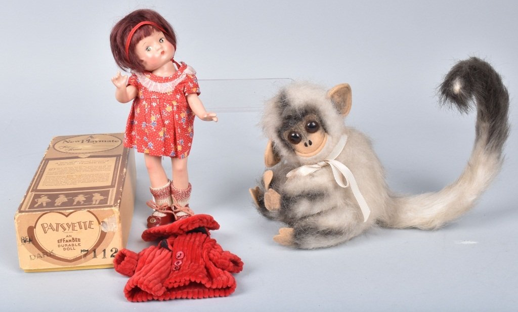 BOXED EFFANBEE PATSYETTE DOLL: 9" near flawless compo doll with original clothing, jacket and hat. Comes with Karmar Monkey. EX - NM
