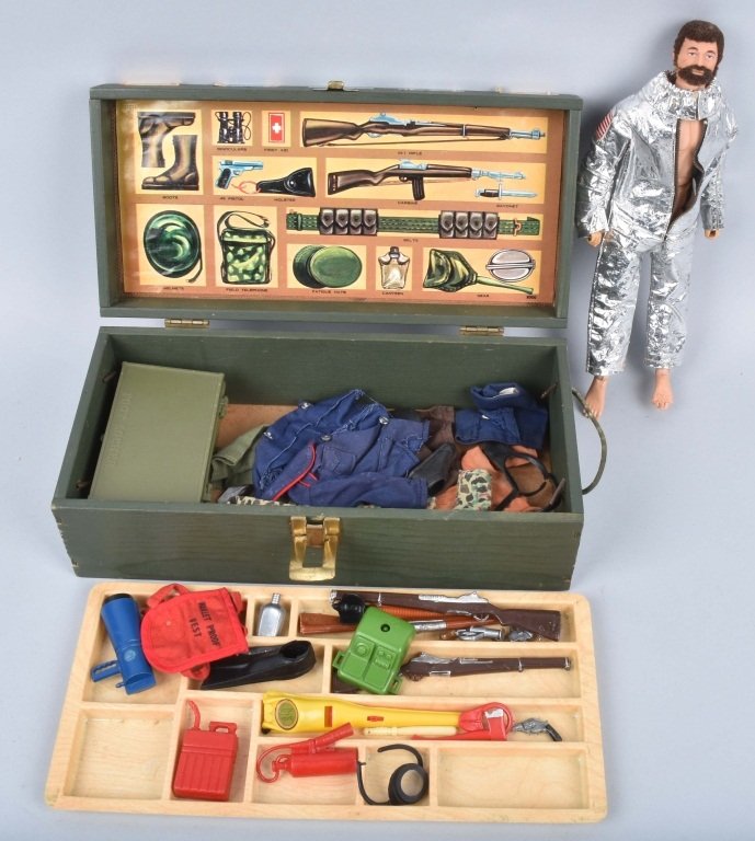 HASBRO GI JOE FOOTLOCKER w/ FIGURE & ACCESSORIES: Original wooden footlocker with 12" Action Figure. Full of accessories and outfits. Excellent