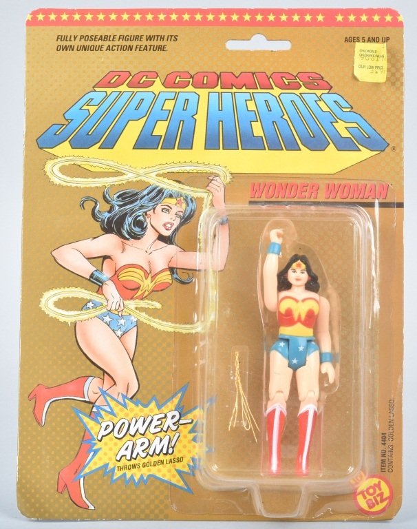 1989 DC COMICS SUPER HEROS WONDER WOMAN MOC: Toybiz New Old Stock mint sealed on card with lasso.