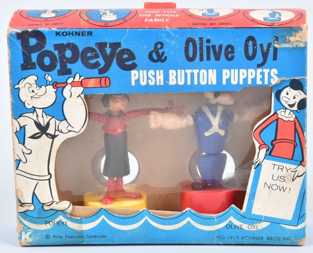 POPEYE & OLIVE OYL PUSH BUTTON PUPPETS W/BOX (1 of 3)