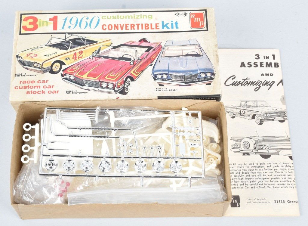 AMT 60 CHEVY CONVERTIBLE 3-1 MODEL KIT: Excellent kit that was never assembled. Looks to be complete. With Box. Excellent