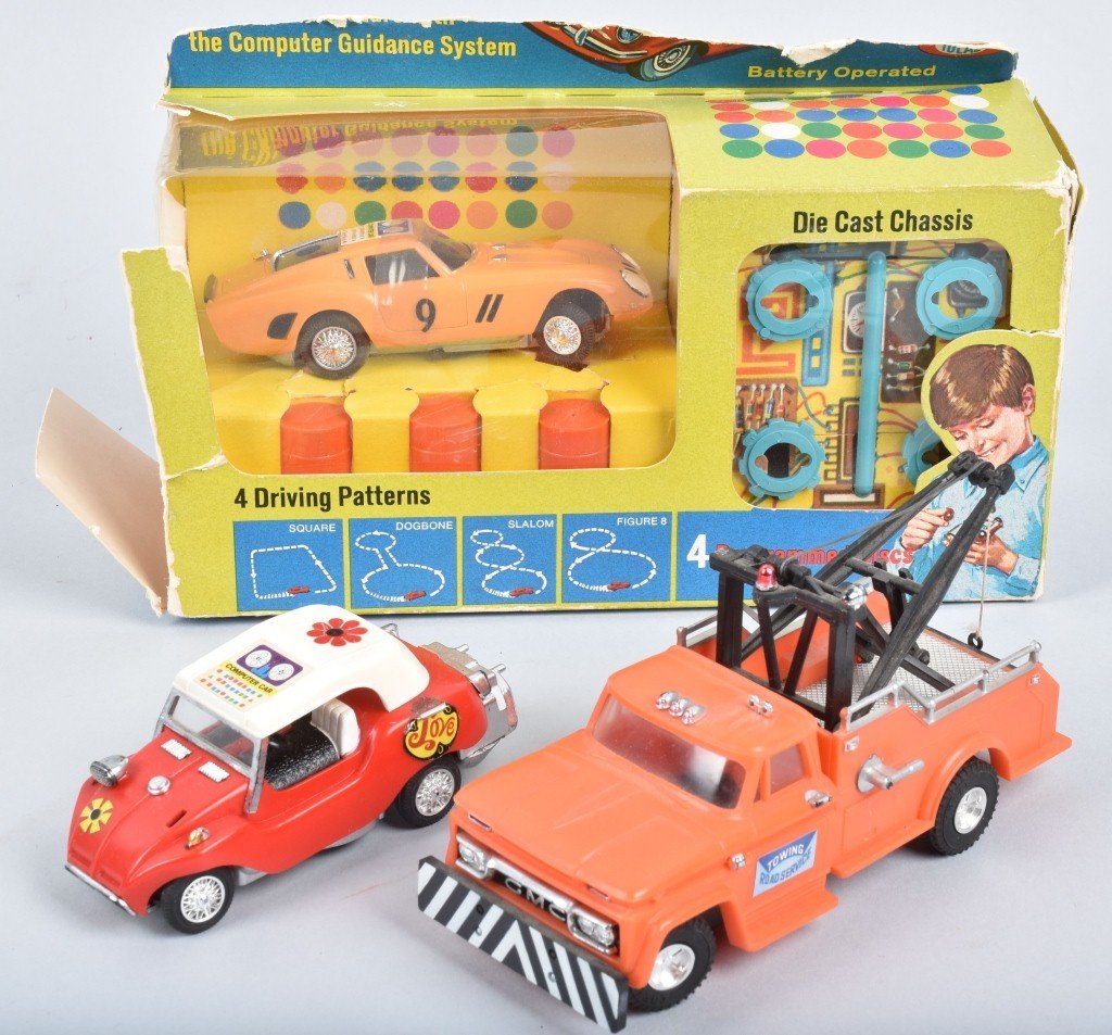 3- IDEAL MOTORIFIC CARS: Includes Computer Car with Box, Tow Truck, and Dune Buggy. Very Good-Excellent