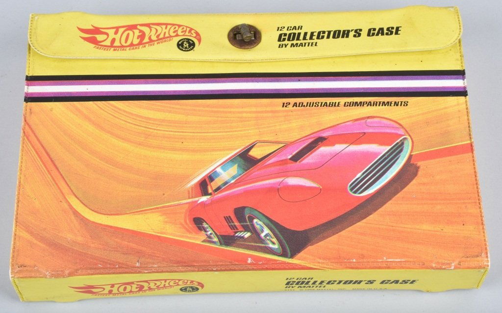 HOT WHEELS 12 CAR ADJUSTABLE CASE W/ DIVIDERS: Hot Wheels redline era 12 car Adjustable case with Dividers. case is in /Very Good condition, Has No cracks in Vinyl on hinges like they usually do and still retains original sticker inside.