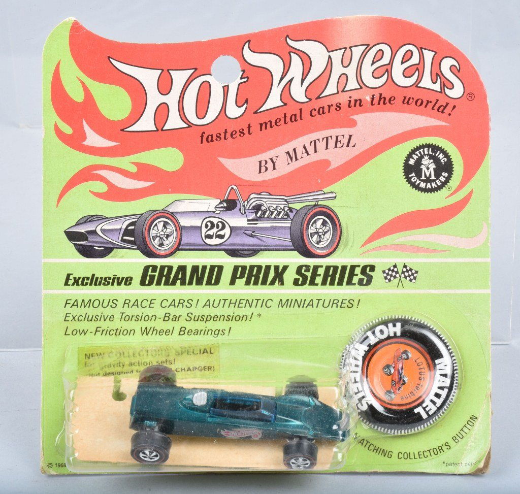 HOT WHEELS REDLINE AQUA LOTUS TURBINE MIB: Hot Wheels redline Lutus Turbine in aqua Mint in Blister Car is Mint. Bubble is crushed lightly and slightly cracked on right side. Car CANNOT come out.Card is nice and Flat, Has no creases but has so