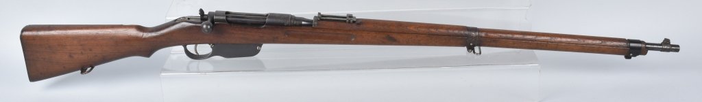 STEYR M 1895, .8MM X 50, BOLT ACTION RIFLE: SN 4591I, matching numbers including stock, 30" barrel with very good bore, smooth metal with nice markings, top of barrel marked W-n-19. very good stock has bumps and bruises, strong action. Veteran 