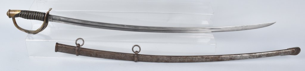 M1860 EMERSON & SILVER CAVALRY SWORD, 1864: 41 " overall, with a 35" bright blade, blade is well marked and dated 1864. Brass hilt with leather grip and twisted brass wire, solid scabbard. Excellent