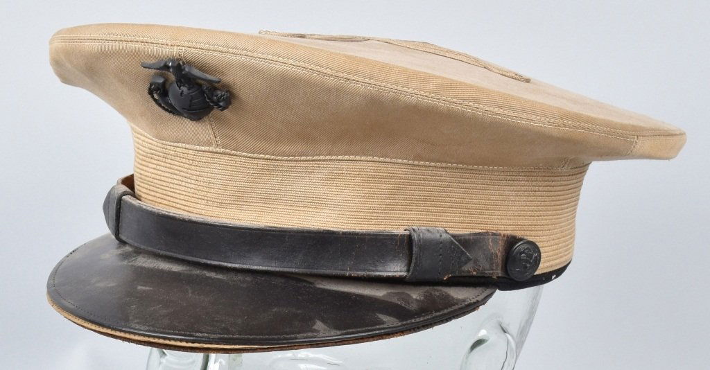 U.S. MARINE CORPS OFFICER'S HAT, ID'd: ID'd to Lt. D.I. Duckwitz, Marine Corps Air Station El Toro, California. Hat was made by Society Brand Head wear. Sweat band is worn with pieces missing., light soiling and staining, brim has split. S