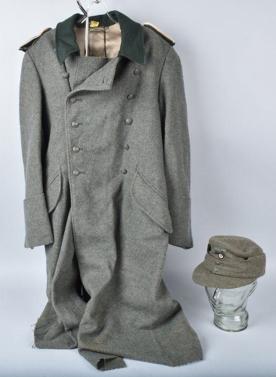 NAZI GERMAN FORAGE CAP and OVERCOAT: Forage cap is Excellent and has original insignia. Size 56, Overcoat has general wear and light fraying at bottom. The coat is Very Good. Nice grouping.