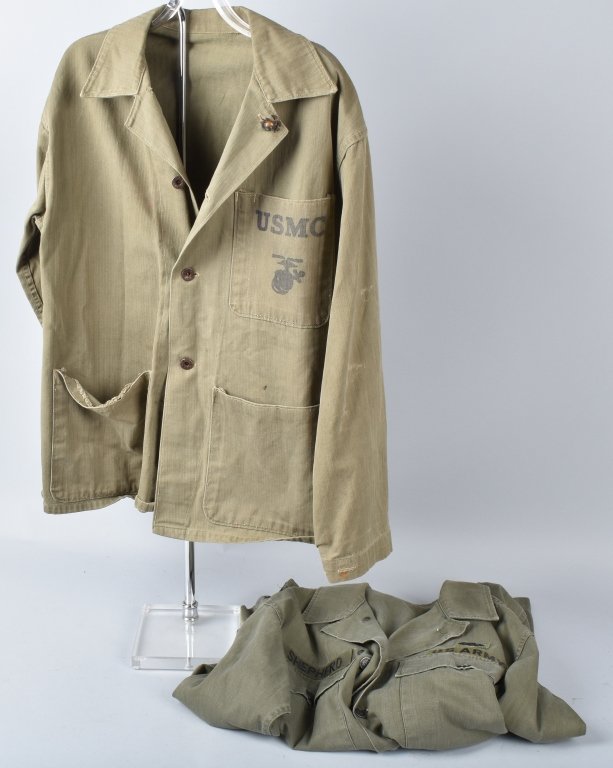 LOT OF 2 U.S.M.C. SHIRTS, 1ST MARINES: The one dungaree shirt is a 38R and has the first Marine patch on shoulder, but also has US Army and the paratrooper patch, the other is USMC shirt with collar insignia. Very Good