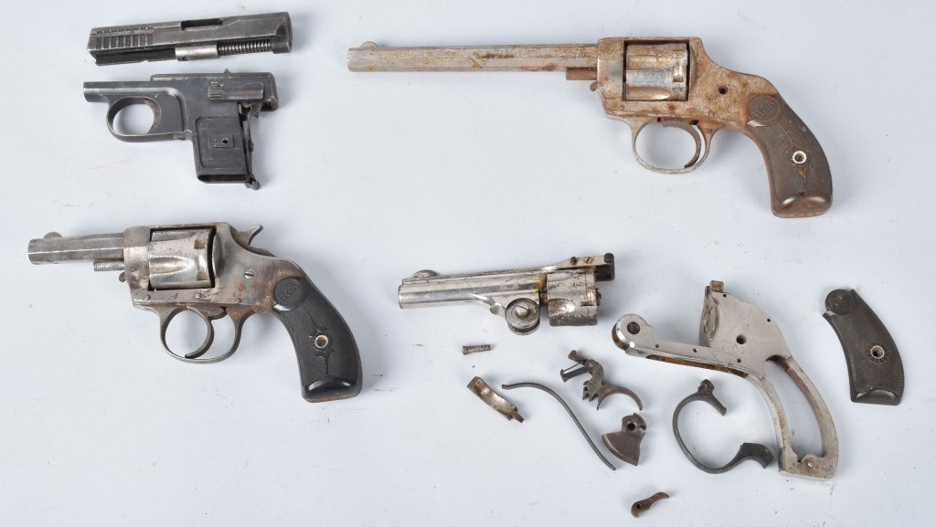 LOT OF 4 PARTS PISTOLS, H&A , H&R and mORE: Hopkins and Allan .32 calibers SN 3268 and 750, Harrington and Richardson .32 SN 2562. Mauser has no visible SN. Good for parts or restoration. Good * C&R OK