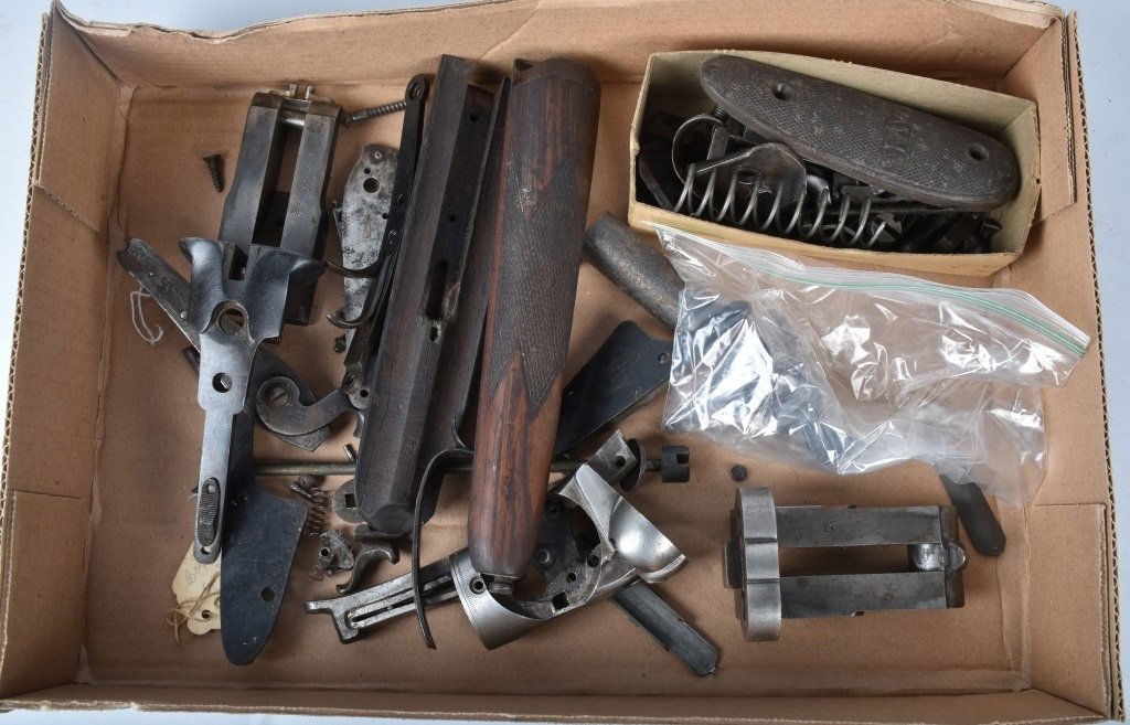 LARGE LOT OF ANTIQUE SHOT GUN PARTS: Lot includes locks, fore stocks, butt plate springs and more. Good-Very Good