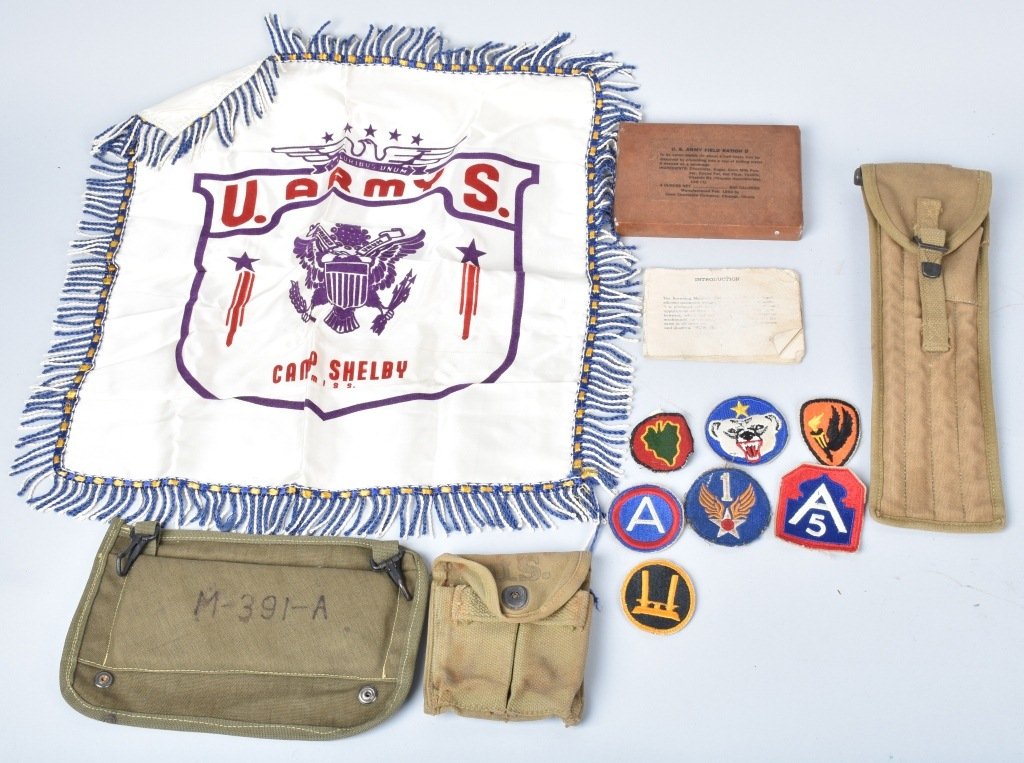 WWII PATCHES, MI CLEANING KIT, RATIONS, & MORE: Nice WWII Lot includes 7 WWII Era Patches, M1 Carbine Cleaning Kit, US Mag Pouch, US Army Field Ration Kit, Back Style Pouch, and US Army Camp Shelby Silk