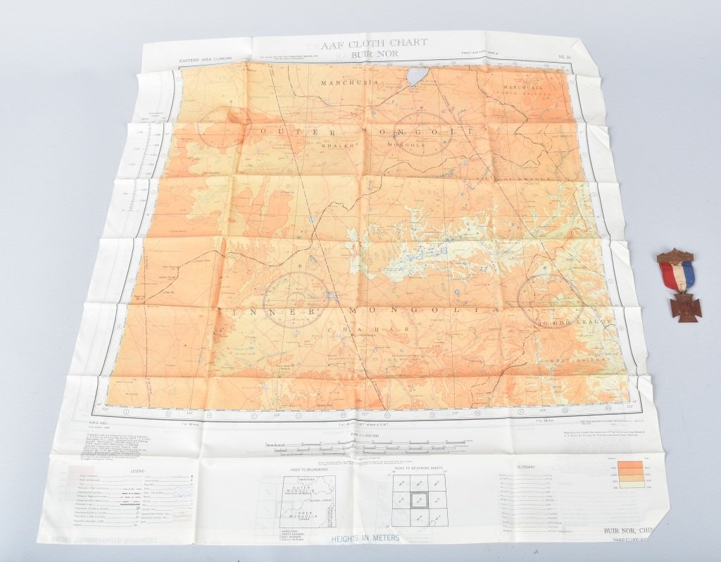 LOT WAR PILOTS SILK FLAG and WOMANS RELIEF MEDAL: the map is very nice and is of Eastern Asia, the medal is Woman's Relief Corps for Civil War veterans. Very Good-Excellent
