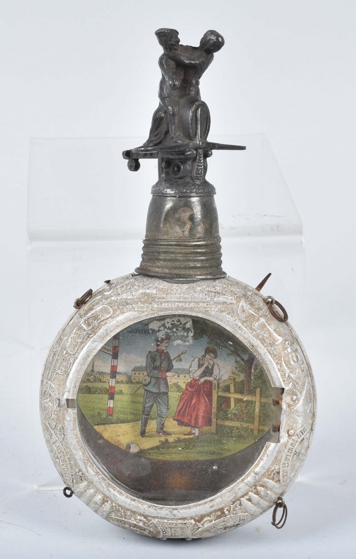 IMPERIAL GERMAN AVIATION MILITARY FLASK: Measures about 9\" and 5\" diameter. Fantastic cast airplane and aviator on cup. Great grahics on the aluminum cover. The inside of the flask has tin litho graphics of soldiers and regiment. Missing t