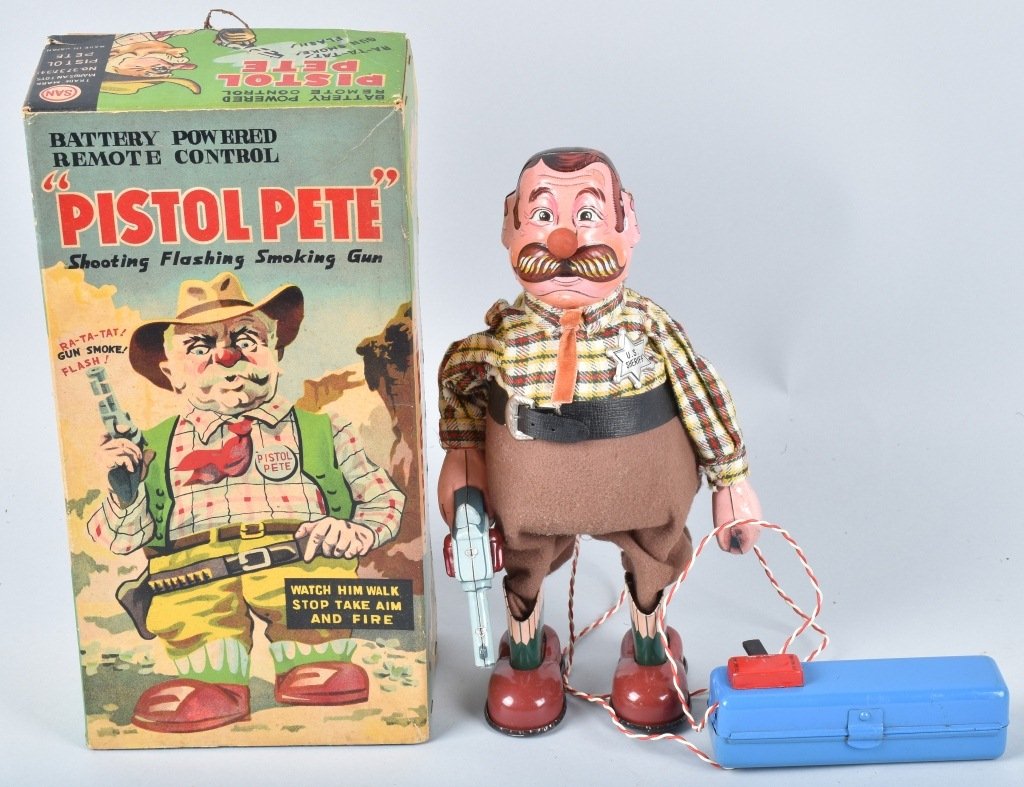 SAN Battery Op PISTOL PETE w/ BOX: Very clean battery operated toy made in Japan. All original with nice colors. Worked when tested. Missing hat. With original box. 12" Excellent