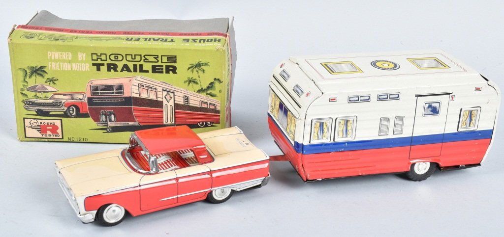 ROSKO Tin Friction HOUSE TRAILER & CAR w/ BOX (1 of 7)