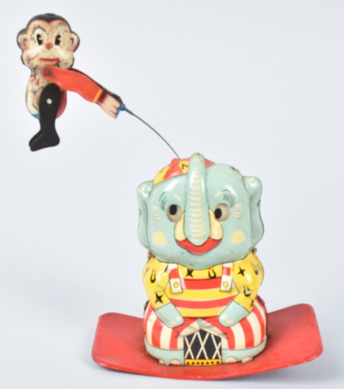 Y JAPAN Tin Windup ELEPHANT w/ SWINGING MONKEY (1 of 4)