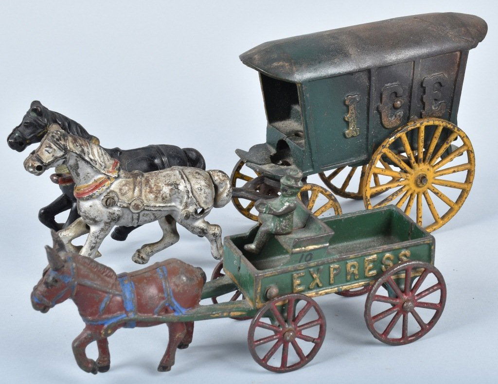 LOT OF 2 CAST IRON HORSE DRAWN WAGONS (1 of 7)