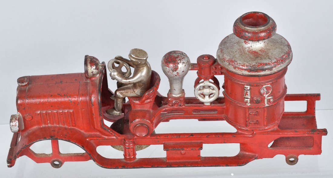 11\" HUBLEY CAST IRON FIRE BOILER TRUCK: Nice all original truck. Has no breaks. Still has original driver. Silver highlights. Missing wheels. Excellent