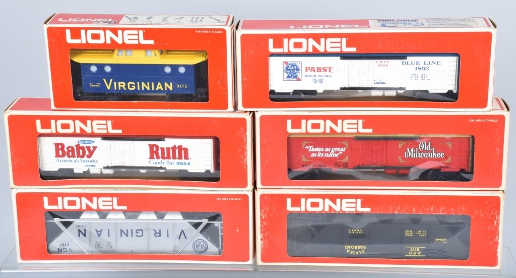 LIONEL LOT OF 6 ROLLING STOCKPABST OLD MILWUAKEE: Lionel lot of 6 stock cars. #6-9134 Virginian Hopper, 6-9856 Old Milwaukee reefer, 9859 Pabst Reefer, 6-9117 Alaskan Hopper, 6-9854Baby Ruth boxcar, and 6-9175 Virginian lighted caboose.