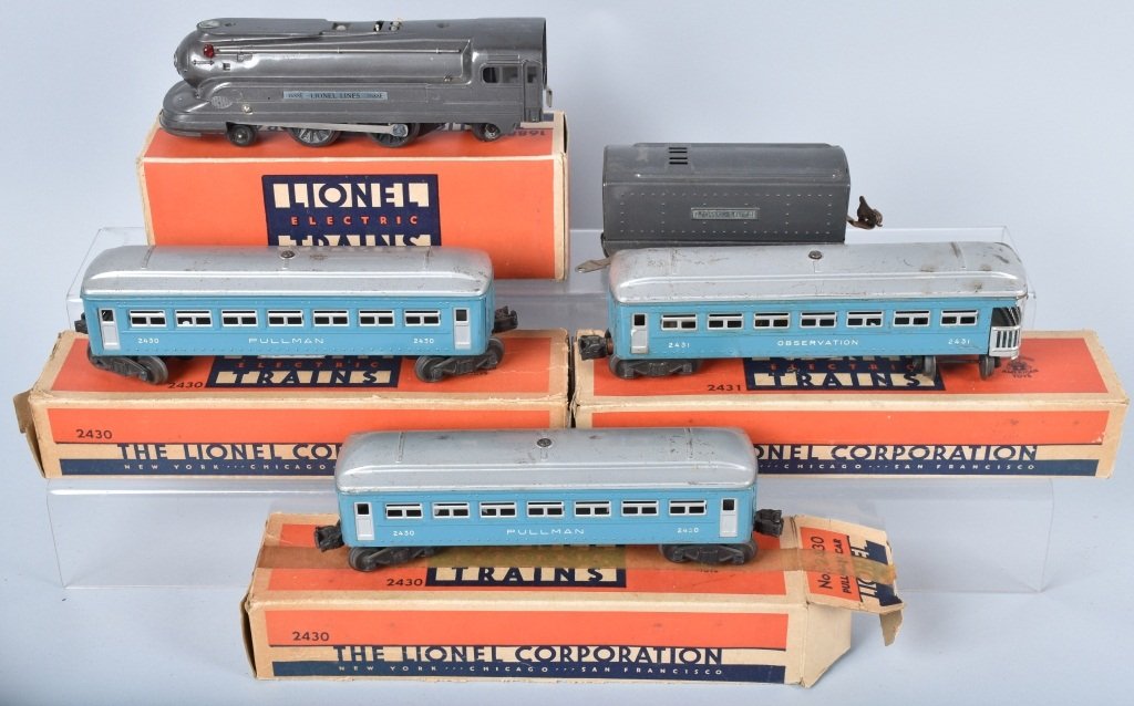 LIONEL 1668E LOCOMOTIVE, TENDER & PASSENGER CARS: Lot includes boxed No.1688E locomotive and whistling tender, along with 2 No. 2430 Pullman cars,a nd No. 2431 Observation car, Light wear. Untested. Very Good-Excellent