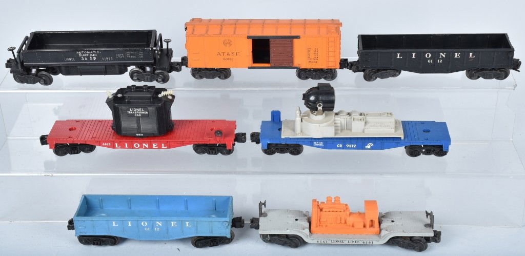 LIONEL LOT OF 7 ROLLING STOCK: Lot includes CR9312 track maintenance car, 6561, 3459, 6818 transformer car, 2-6112, 63132, Condition varies