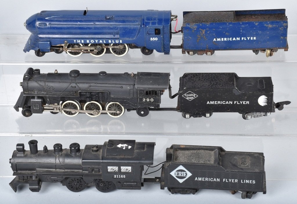 LOT OF 3 AMERICAN FLYER LOCOMOTIVES & TENDERS: Lot includes No. 350, The Royal Blue, No. 290, and No 21165. Untested, condition varies