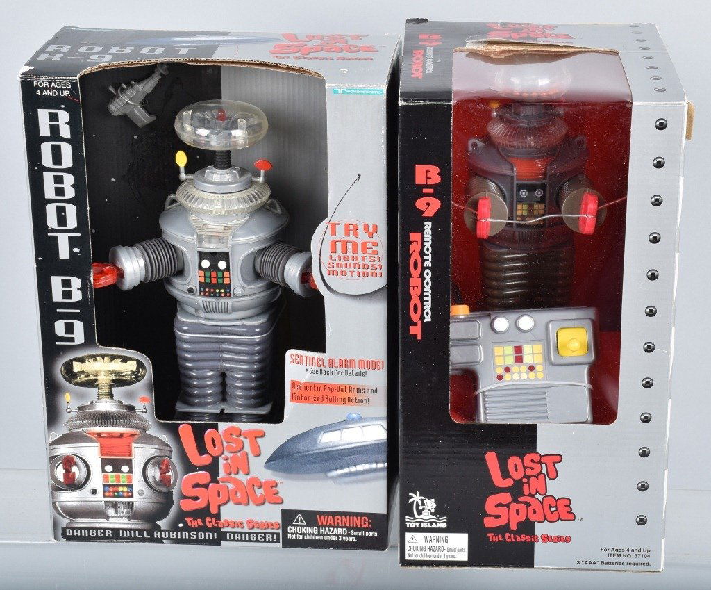 LOT F 2 LOST IN SPACE ROBOTS, BOXED: Nice pair of Lost in Space robots, largest is about 11", both appear unplayed with. Near Mint