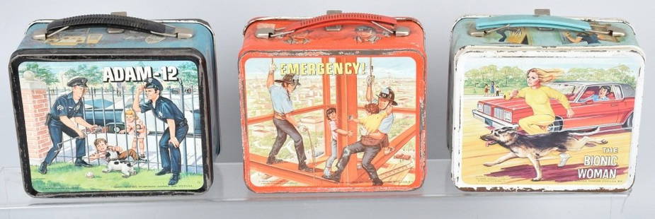 3- ALADDIN LUNCH BOXES ADAM-12, EMERGENCY, & MORE: Nice lot includes Adam-12, The Bionic Woman, and Emergency Lunch Boxes. All with wear. Bionic Woman has thermos. Very Good